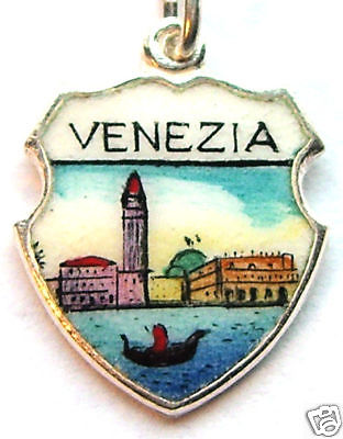 Venezia Italy - Venice Grand Canal - Vintage Silver Enamel Travel Shield Charm - 800 Silver